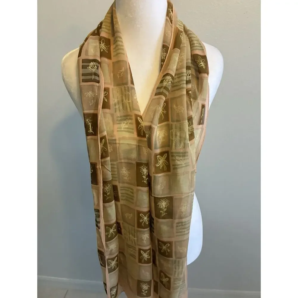 VTG Silk Chiffon Scarf Abstract Geometric Floral Designer Luxury Sheer Elegant